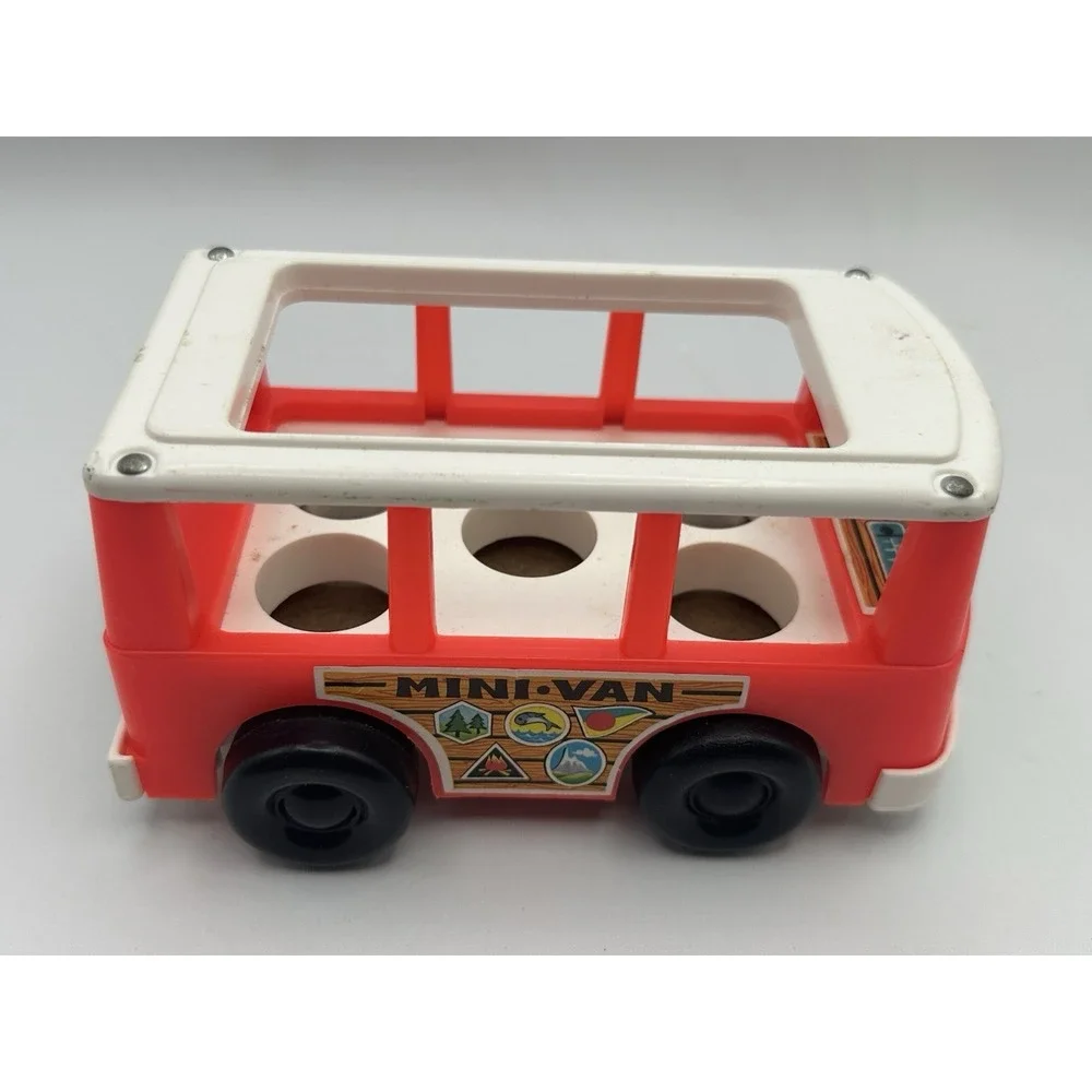 VTG FISHER PRICE LITTLE PEOPLE PLASTIC RED & WHITE MINI-BUS‎ TOY WOOD BASE 1969